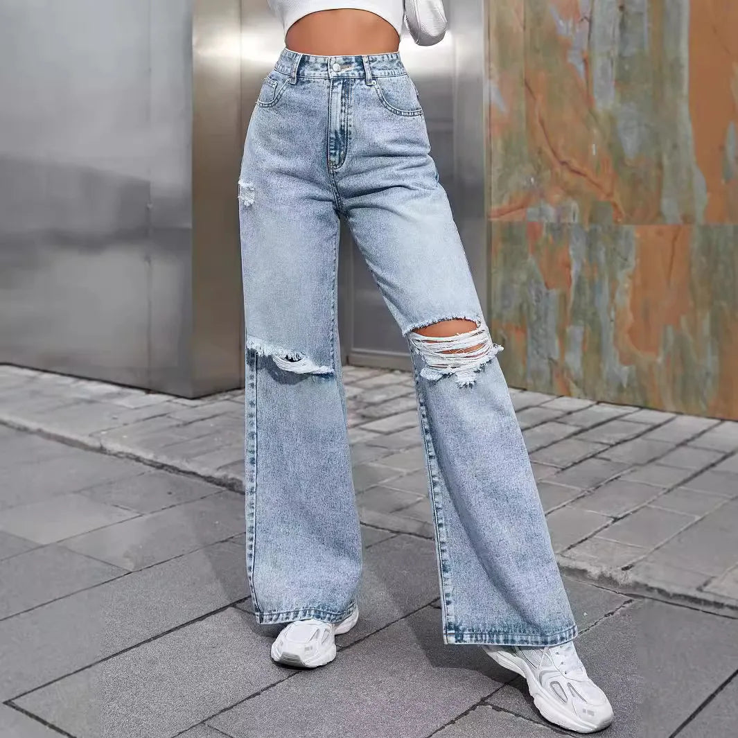 2025 Autumn New Women's Fashion Ripped High Waist Wide Leg Casual Jeans Boyfriend Jeans for Women