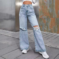 2025 Autumn New Women's Fashion Ripped High Waist Wide Leg Casual Jeans Boyfriend Jeans for Women
