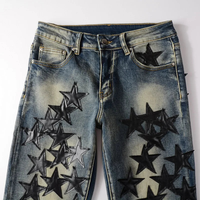 Best Sellers Men's Distressed Streetwear Light Blue Denim Pants Black Stars Patchwork Moustache Holes Ripped Jeans Pants