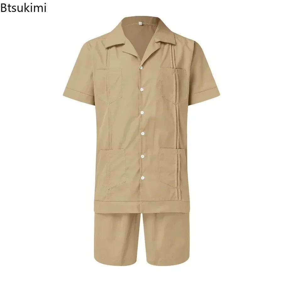 New Men's Summer Casual Sport 2 Piece Sets Fashion Cotton Linen Short Sleeve Shirt and Shorts Suit Men Loose Sport Shirt Outfits
