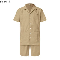 New Men's Summer Casual Sport 2 Piece Sets Fashion Cotton Linen Short Sleeve Shirt and Shorts Suit Men Loose Sport Shirt Outfits