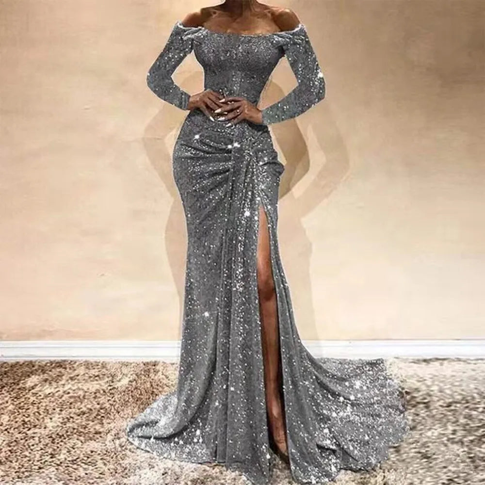 Women Fashion Sequins Prom Dress Sexy Off Shoulder Long Sleeve Party Dress Elegant High Side Split Mermaid Evening Gowns