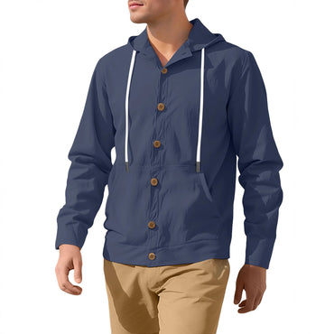 European and American Men's Button-up Shirt Loose Cotton Linen Casual Simple Beach Hooded Long-sleeved Jacket