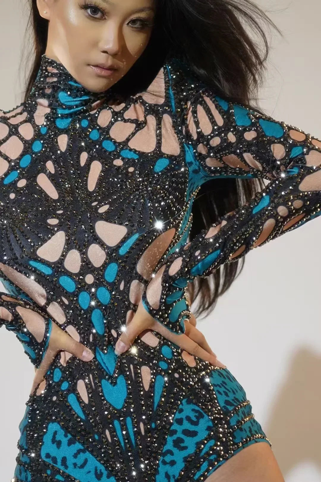 Sexy Sparkly Blue Crystals Leotard Nightclub Birthday Celebrate Dj Rhinestones Bodysuit Dance Costume Stage Photoshoot Wear