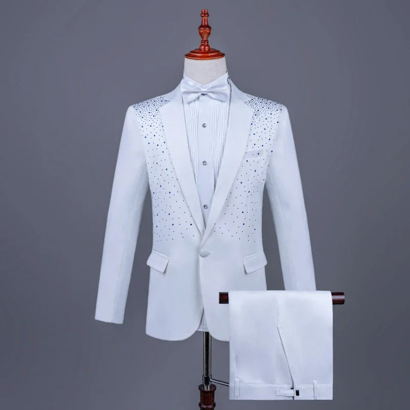 2025 New Black and White Hot Diamond Suits for Men 2-piece,Male Group Chorus/Singer Host/Anchor Dress Performance MC Blazer+Pant