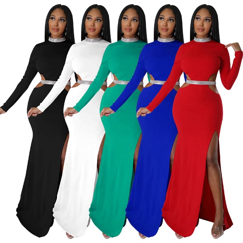 Female Autumn Winter Long Maxi Dress Cutout Waist High Side Split Long Sleeve Dresses Vestidos Sexy Elegant Party Clubwear