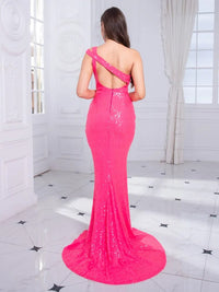 Hot Pink Sleeveless Cut Out Stretch Sequin Prom Dress Full Lining Split Backless Floor Length Evening Night Party Gown Blue