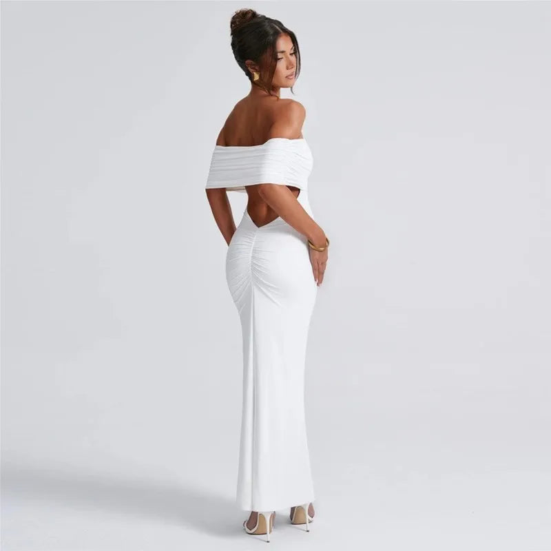 Women's Slim Sexy Strapless Long Dress Temperament Solid Color Hip Sleeveless Off-shoulder Backless Package Club Party Dresses