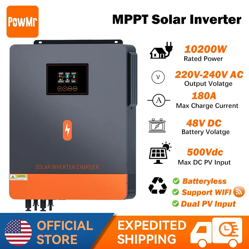 PowMr 10200W 48V Hybrid Inverter Off Grid AC 220V 180A MPPT Charger Controller Off Grid Pure Sinus Wave Solar Inverter With WIFI