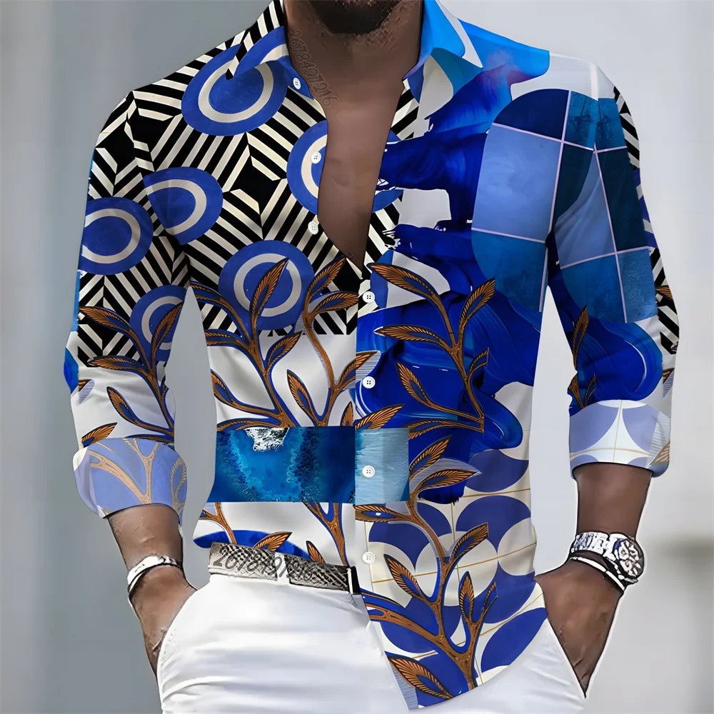 2026 Spring/Autumn New Men's Light Luxury Baroque Style Long-Sleeved Shirt with Color-Blocked Geometric Print Lapel Cardigan
