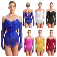 Womens Tassel Latin Rumba Dance Leotard Glittery Cutout Fringed Bodysuit with Gloves Cha-cha Samba Tango Performance Costume