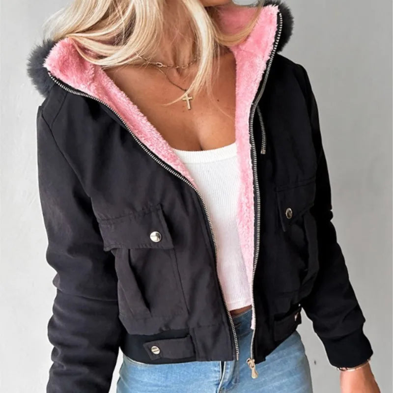 Large Fur Collar Hooded Zipper Sweatshirt Women's Jacket Winter Vintage Casual Hoodies Short Coat for Female Outfits Streetwear