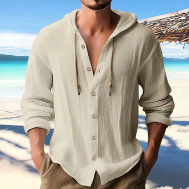 Men's Solid Linen Long Sleeve Hooded Shirt Casual Streetwear Button Top Loose Fit Cardigan Clothing for Men