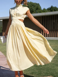 Summer Dresses 2025 Mock Neck Sleeveless Cutout White Maxi Dresses A-Line Elegant Pockets Casual Party Hollow Out Long Dress