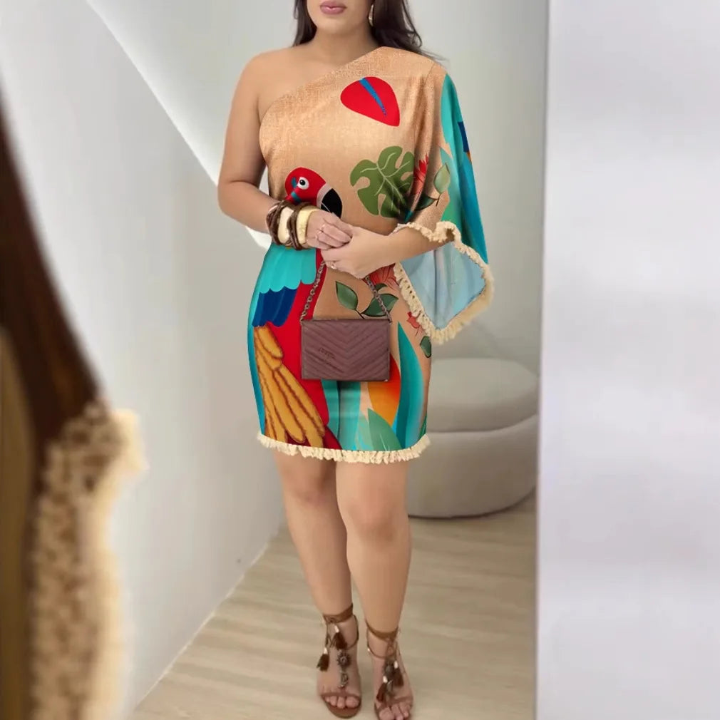2025 Summer Women's Clothing New Tassel 3d Pattern Asymmetric Dress Sexy Slanted Collar National Style Casual Print Mini Dresses