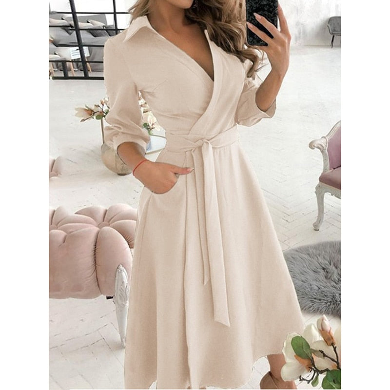 WAYFOLOVE Ladies Spring Summer Long Dress Women Long Sleeve Pocket Casual Dresses Elegant V Neck Butterfly Print Vintage Dresses