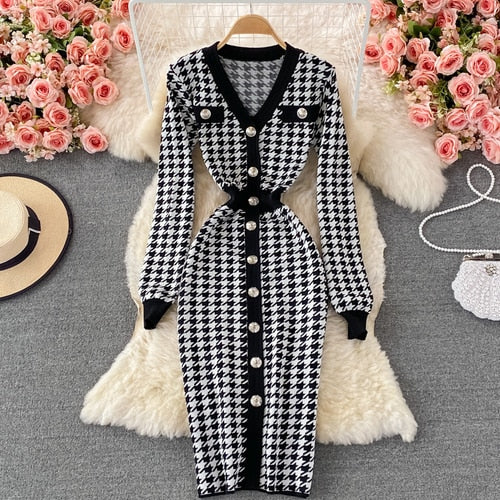 Sexy Elegant Temperament V-neck Hit Color Dress Office Lady Single-breasted Houndstooth Dress