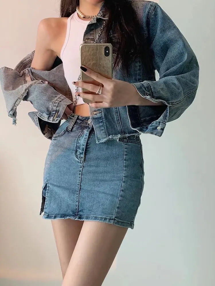 Feynzz Small Split Denim Skirt Women's Summer Elastic Slim Fit High Waist A-line Hot Girl Bag Hip Skirt