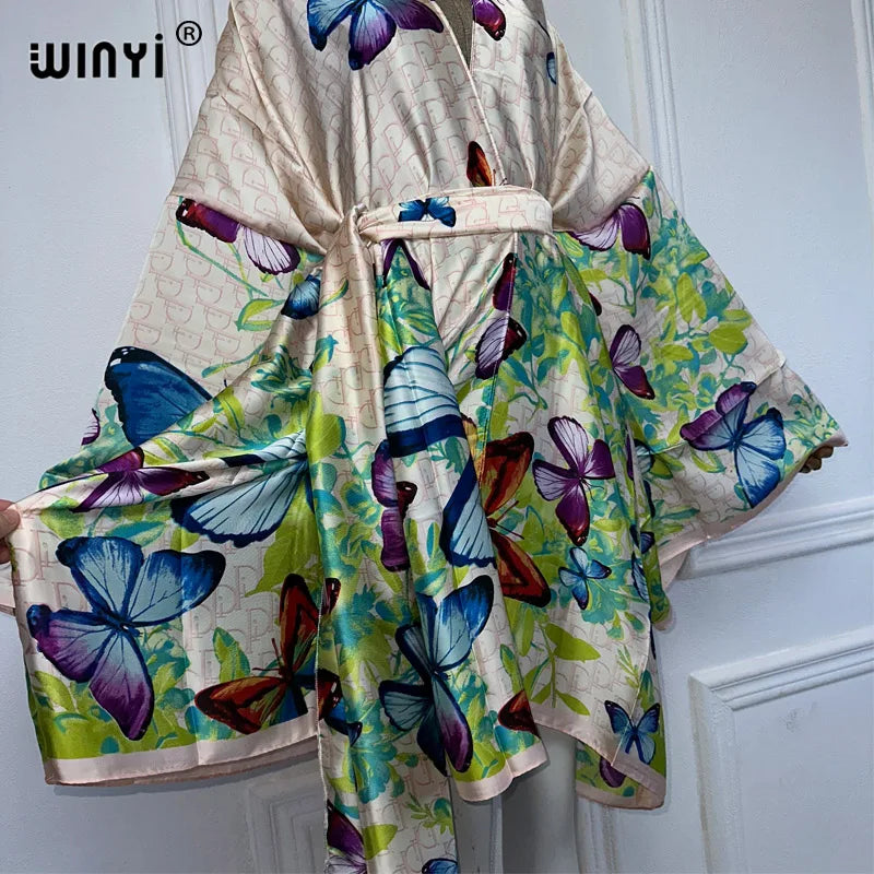 WINYI Africa print summer beach Bohemian long Cardigan Cover-up Casual Boho Maxi Holiday party kimono with belt beachwear