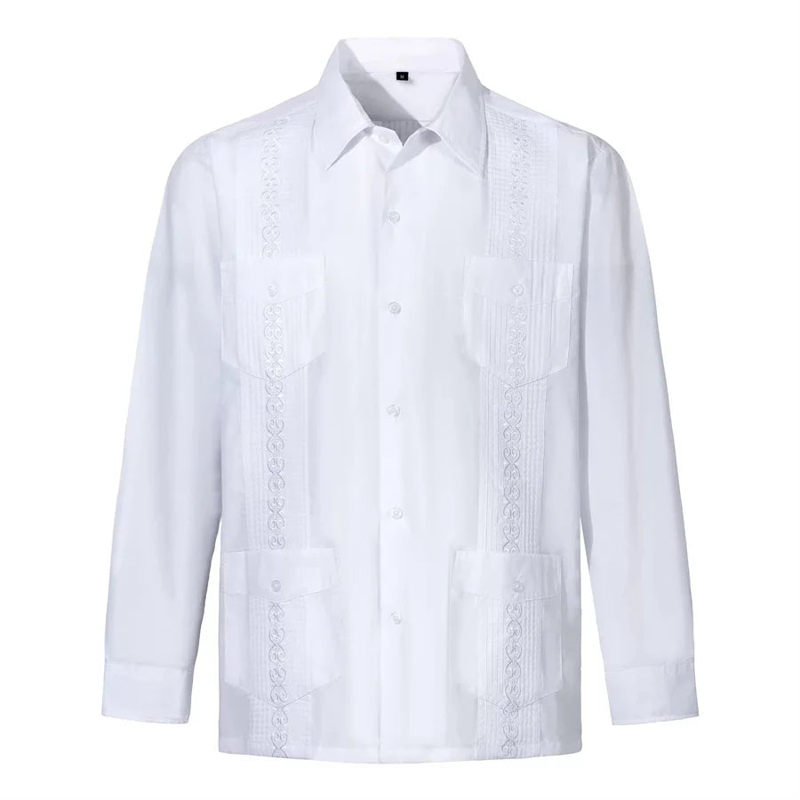 2026 New Men's Guayabera Shirts Four Pockets Embroidered Long Sleeve Shirts for Men Blue Mexican Cuban Button Dress Shirt