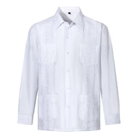 2026 New Men's Guayabera Shirts Four Pockets Embroidered Long Sleeve Shirts for Men Blue Mexican Cuban Button Dress Shirt