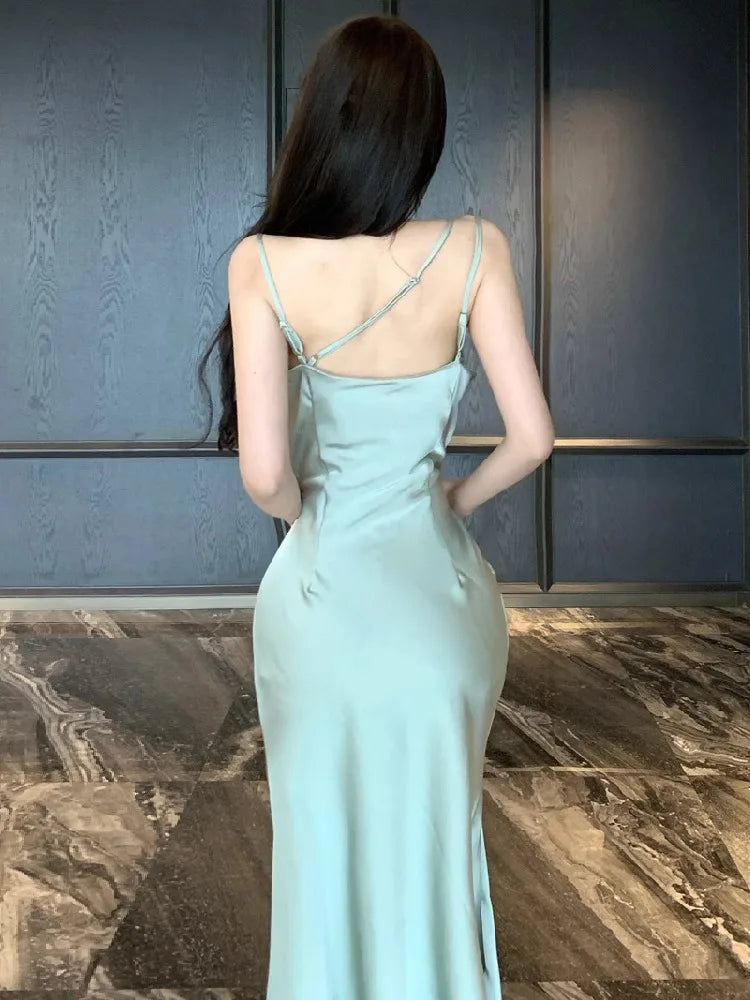 Ezgaga Dresses Women Flowers Sleeveless Swinging Collar Backless Slim French Style Party Mermaid Dress Temperament Elegant Sexy