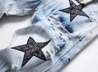 High Quality Letter Star Jean Men Embroidery Patchwork Ripped Jeans For Men Trend Brand Motorcycle Pant Mens Jean Skinny