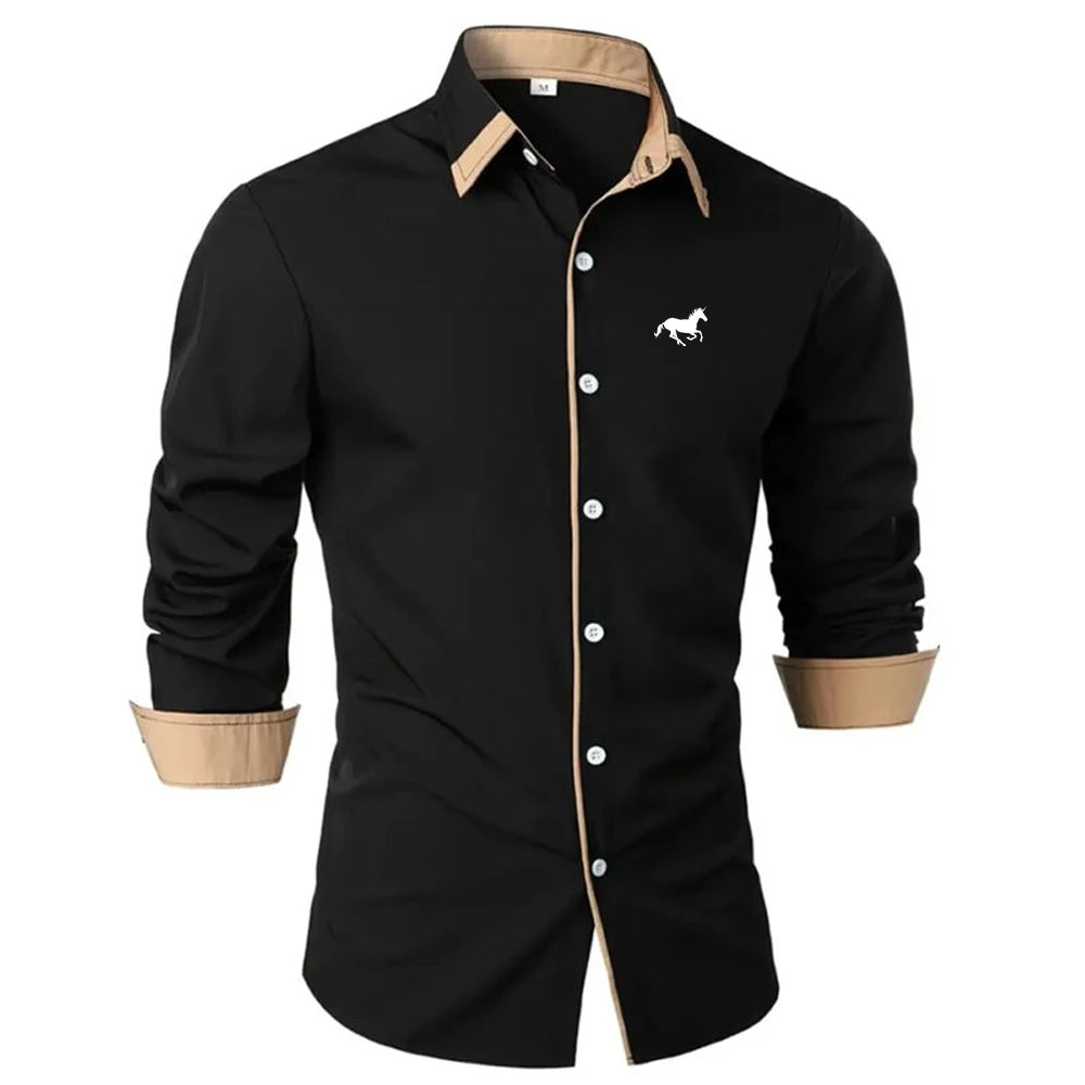 Men's Stylish Long Sleeve Shirt with Contrast Inner Collar and Cuff Trim Featuring a Subtle Printed Horse Logo on Chest Shirts