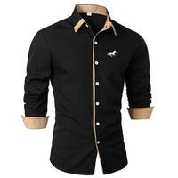 Men's Stylish Long Sleeve Shirt with Contrast Inner Collar and Cuff Trim Featuring a Subtle Printed Horse Logo on Chest Shirts