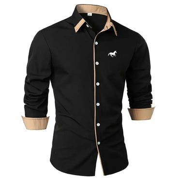 Men's Stylish Long Sleeve Shirt with Contrast Inner Collar and Cuff Trim Featuring a Subtle Printed Horse Logo on Chest Shirts