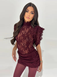 Sexy Lace See Through Party Dress Women Slim Fly Sleeve O-neck Evening Solid Dresses Female 2026 Patchwork Pleated  Robe Lady