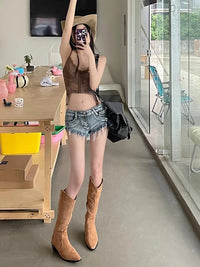 Sexy Hot Girl Denim Shorts Fashion Women Low Waist Retro Y2K Slim Elastic Streetwear Short Jeans Casual Commute Ripped Trousers