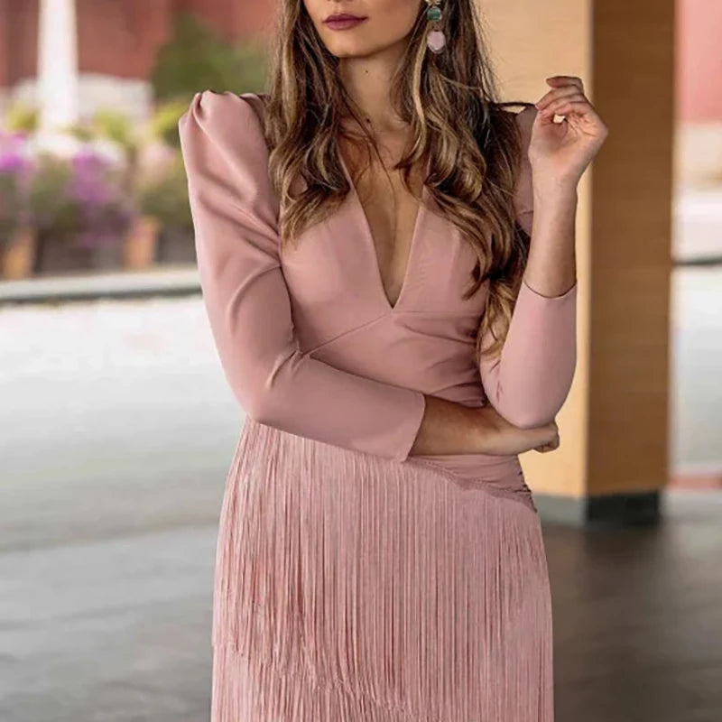 Autumn Long Sleeve Spliced Tassel Party Dresses Woman Elegant Deep V Neck Sheath Long Dress Fashion Solid Pleated Bohemian Dress