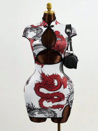 Women's Chinese Dragon Print Hollow-Out Bodycon Dress with Puff Sleeve and Button Detail