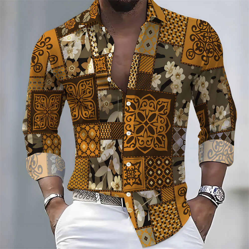 Summer lightweight men's printed long-sleeved shirt, retro floral plaid color-blocked casual shirt, Hawaiian vacation style top.