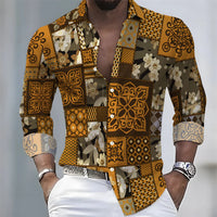 Summer lightweight men's printed long-sleeved shirt, retro floral plaid color-blocked casual shirt, Hawaiian vacation style top.