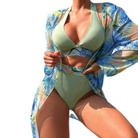 High Waist Multicolor Printed Long Sleeve Coverup Three Piece Bikini Split 2023 New Women Swimwear Female Bathing Suit Beachwear