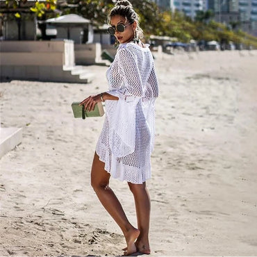 Women Solid Bikini Cover Up Sexy White Crochet Long Sleeve Beach Long Maxi Dress Cover-ups Female Loose Tunic Mesh Beachwear