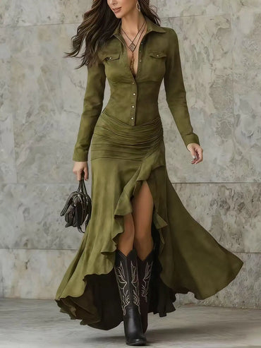 Elegant Retro Solid Color Dress For Women Spring Autumn Fashion New Lapel Button Long Sleeve Asymmetric Big Hem Long Dress