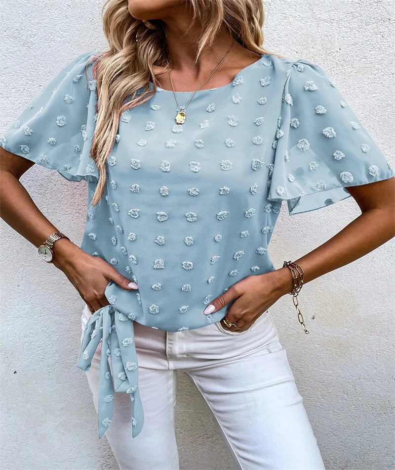 Spring and summer fashion pure color shirt new style woven jacquard ball casual short-sleeved t-shirt