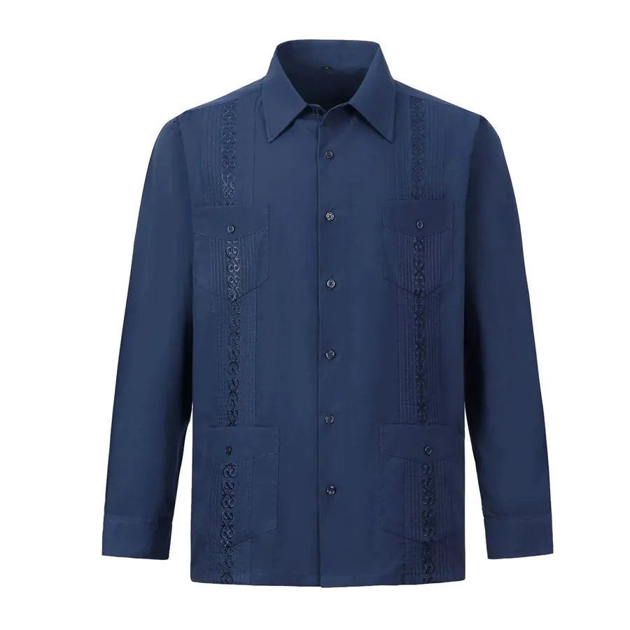 2026 New Men's Guayabera Shirts Four Pockets Embroidered Long Sleeve Shirts for Men Blue Mexican Cuban Button Dress Shirt