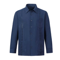 2026 New Men's Guayabera Shirts Four Pockets Embroidered Long Sleeve Shirts for Men Blue Mexican Cuban Button Dress Shirt