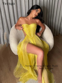 Verngo Yellow Chiffon Evening Dress Sweetheart A Line Sexy Prom Gowns Side Slit Prom Party Dresses vestido madrinhas Customized