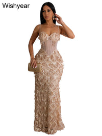 Sexy Spaghetti Strap Backless Bodycon Evening Club Party Dresses for Women Elegant Tassel Sequined Long Dress Birthday Femme