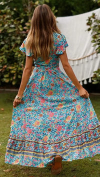 Happie Queens Women Floral Print Bat Sleeve Beach Bohemian Maxi Dress Ladies Sashes Boho Wrap Dresses Robe Bikini Cover-ups