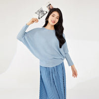 Spring & Summer Women's Casual T-Shirt New Style Pleated Loose Bat Sleeve Solid Color Woven Fabric Elastic Long-Sleeved Top