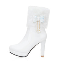 2025 Winter Womens Fashion High Heel Boots Pink White Black Fur Tassel Bowtie Lovely Lolita Ladies Party Wedding Shoes size32-43