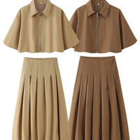 Women's Autumn New Short Zipper Jacket Short Sleeved Top High Waisted Pleated Lantern Flower Bud Half Skirt Set