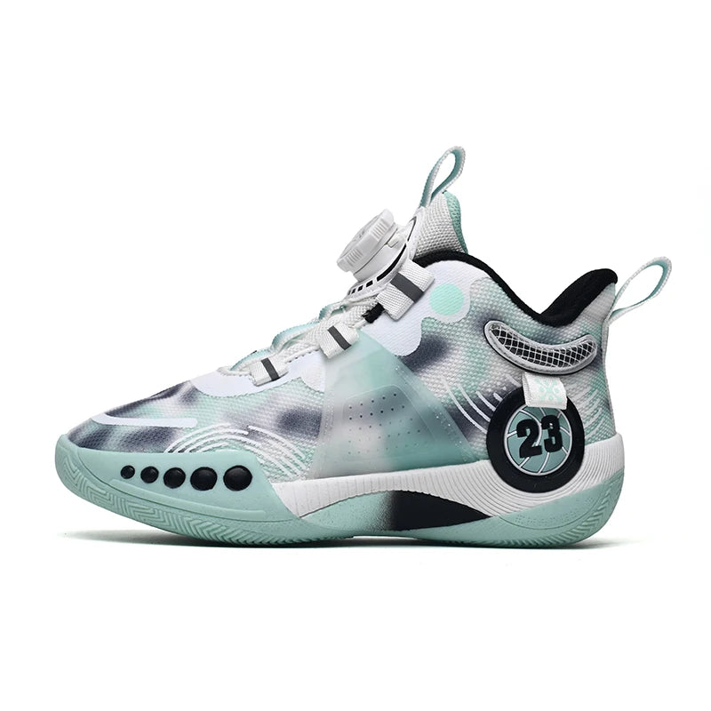 Children Sports Shoes Mesh Rotating Buckle Fashion Sports Shoes Breathable Anti Slip Wear-Resistant Basketball Boots for Kids