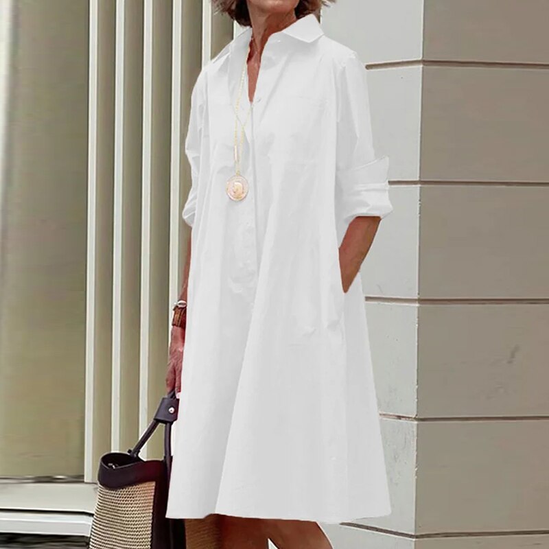 Elegant Solid Shirt Dress Women 2023 Turn Down Collar Long Sleeve Midi Dresses Spring Ladies Commute Casual Loose Pocket Blouses